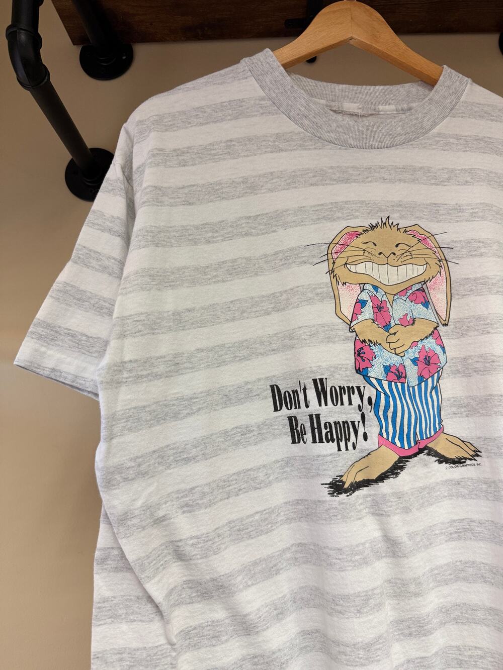 90s Don't Worry Be Happy Hawaiian Bunny Vintage Striped Tee Shirt Cartoon Totoro